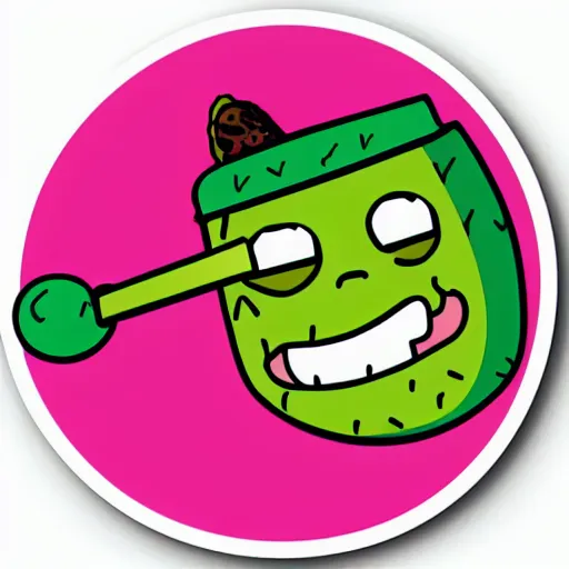 Image similar to a pickle-rick, svg sticker, vector art, wearing headphones, jamming to music