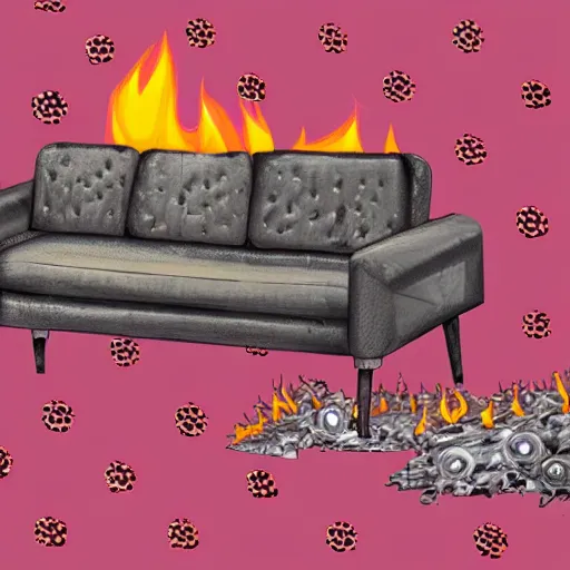 Image similar to a pink couch with orange polka dots on fire in the middle of a junkyard, illustrated, cosmic horror, smoke and ash