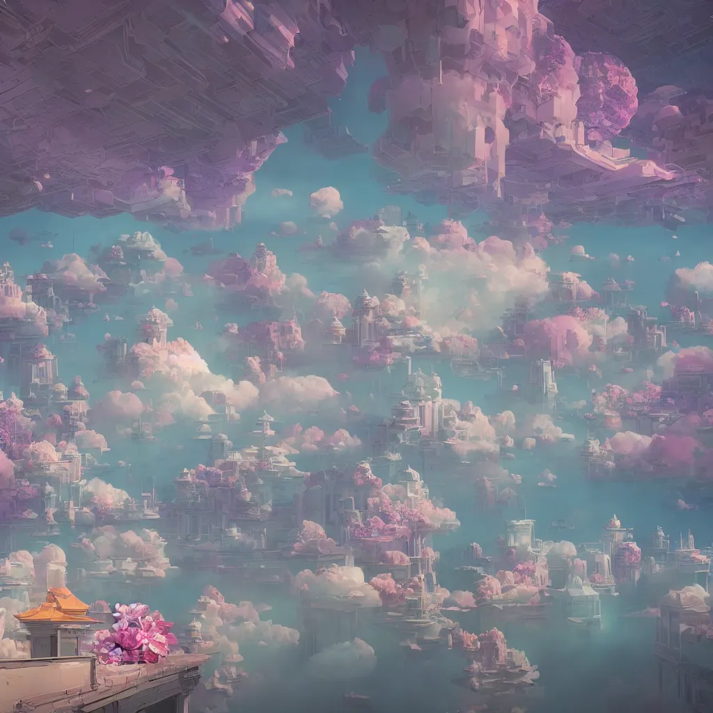 Prompt: flowers in universe, the buildings on cloud, by beeple, lee medgwick, beeple, forbidden city, ayu