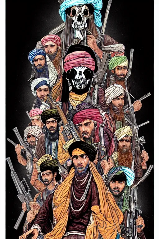 Image similar to taliban anarchy. symmetrical anatomy, very detailed design, complexity of the picture, with pop punk art style, colorful, accompanied by body, pure image without duplication, dribble popular, trending on pixiv, drawn by ilya kuvshinov and darbotz and vinicius gud and gustavo zambelli, intricate, ultra high definition, super scale rendered.