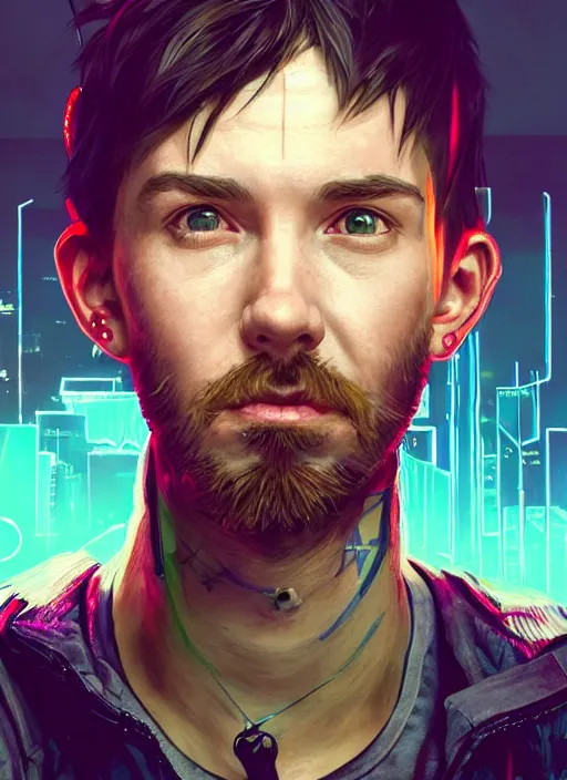 Prompt: !dream portrait of DanTDM as a homeless character in Cyberpunk 2077, looking at camera, intricate, dystopian, sci-fi, extremely detailed, digital painting, artstation, concept art, smooth, sharp focus, illustration, intimidating lighting, incredible art by artgerm and greg rutkowski and alphonse mucha and simon stalenhag