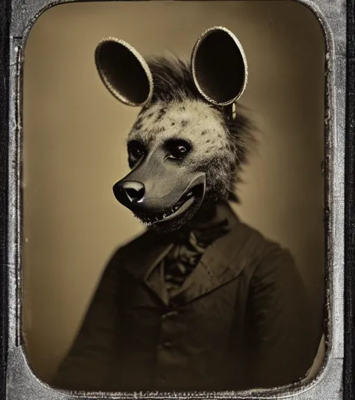 Image similar to professional studio photo portrait of anthro anthropomorphic spotted hyena head animal person fursona wearing elaborate pompous silver skull robes clothes by Louis Daguerre daguerreotype tintype