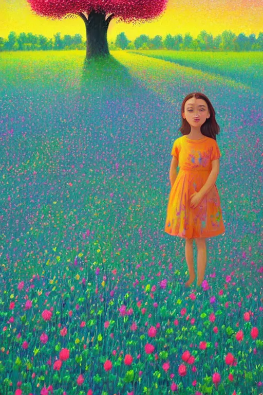 Prompt: girl with big flower as a face, standing in a flower field, big trees, sunrise dramatic light, impressionist painting, colorful clouds, digital painting, pointillism, artstation, simon stalenhag