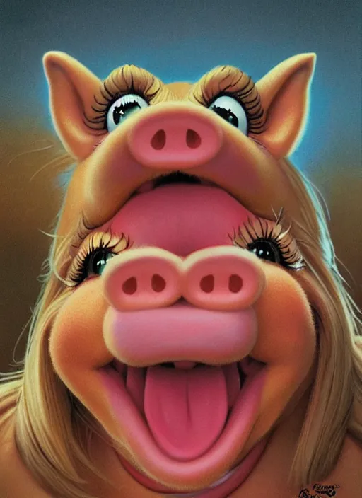 Prompt: portrait of a Screaming Miss Piggy in Society (1989), highly detailed, centered, solid color background, digital painting, artstation, concept art, smooth, sharp focus, illustration, artgerm, donato giancola, Joseph Christian Leyendecker, Les Edwards, Ed Repka, WLOP, Artgerm