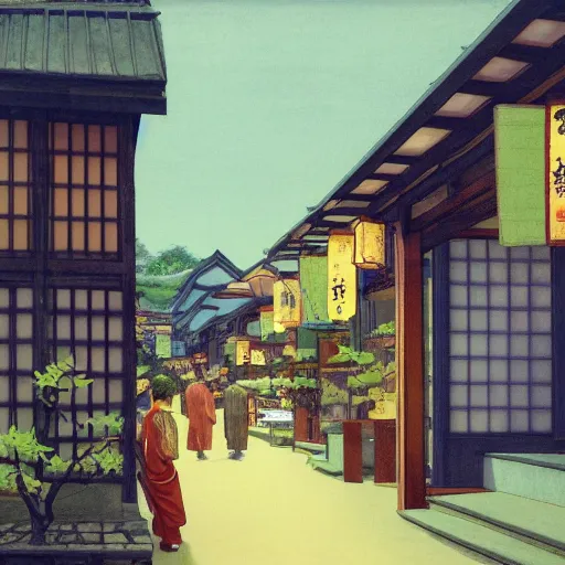 Image similar to japanese paper lantern shop on a fancy street in a japanese village during the day, lush plants, magic details, by moebius, edward hopper, james gilleard, and james jean, hd, 8 k, trending on artstation, uhd,