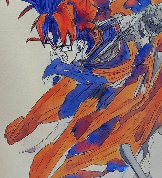 Prompt: a 3 / 4 view watercolor ink painting of goku as a knight in the style of jean giraud in the style of moebius trending on artstation deviantart pinterest detailed realistic hd 8 k high resolution