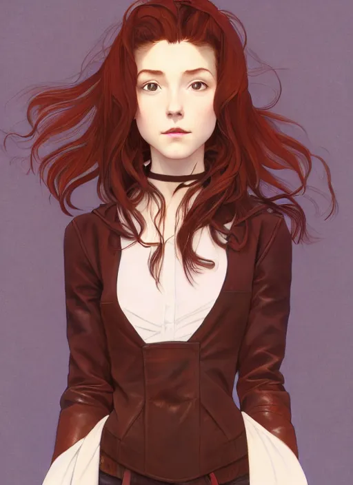 Image similar to pretty young woman with shoulder length dark red hair and wearing brown leather jacket, path traced, highly detailed, high quality, digital painting, by studio ghibli and alphonse mucha, leesha hannigan, makoto shinkai, disney