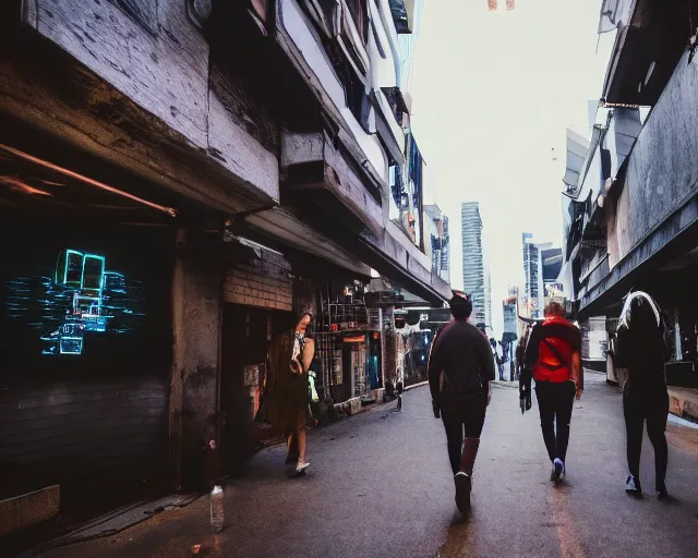 Image similar to front view of people walking down a cyberpunk street