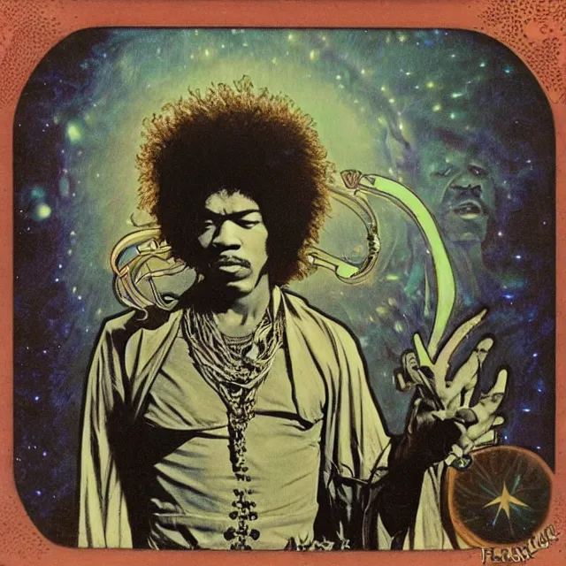 Image similar to polaroid of a vintage record cover by Franklin Booth showing a portrait of Jimi Hendrix as a futuristic space shaman, Alphonse Mucha background, psyadelic art, star map, smoke, sciFi