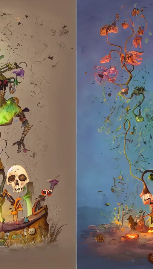 Prompt: life and death mixing together, by pixar concept artists