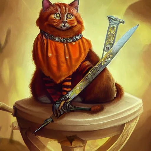 Prompt: a stunning portrait of an orange pirate cat sitting on a throne made of swords, digital art, trending on art station