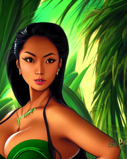 Image similar to alluring heavy filipina woman character portrait, by don bluth, wearing green blazer, sci - fi environment, highly detailed, dynamic shadows, 4 k, wallpaper - 1 0 2 4