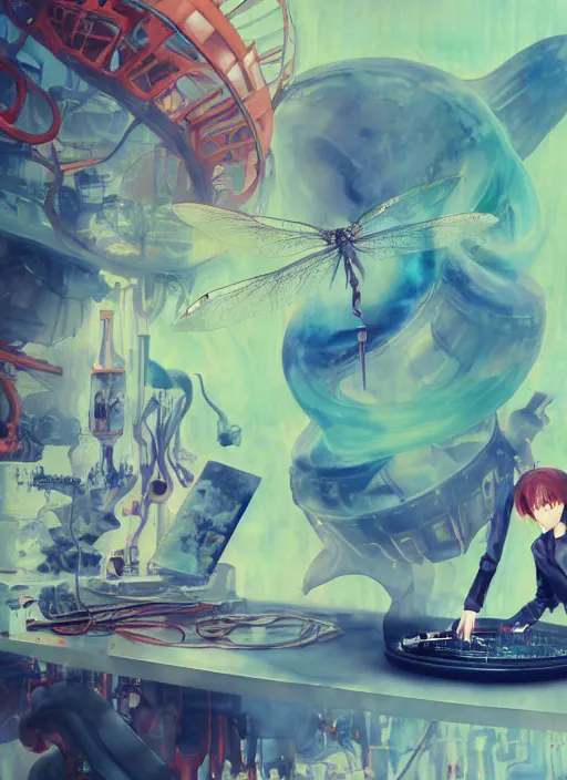 Image similar to surreal gouache painting, by yoshitaka amano, by ruan jia, by Conrad roset, by good smile company, detailed anime 3d render of a medicine pills Surrounded by a magical dragonfly and a big DJ Mixer, deck, portrait, cgsociety, artstation, rococo mechanical and Digital and electronic, dieselpunk atmosphere