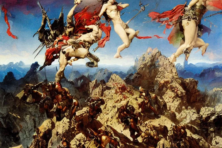 Image similar to a beautiful painting of a rocky landscape covered with bodies of medieval soldiers in shiny armors, dawn, by Frank Frazetta, by Georgia o keeffe, by Gustave Moreau