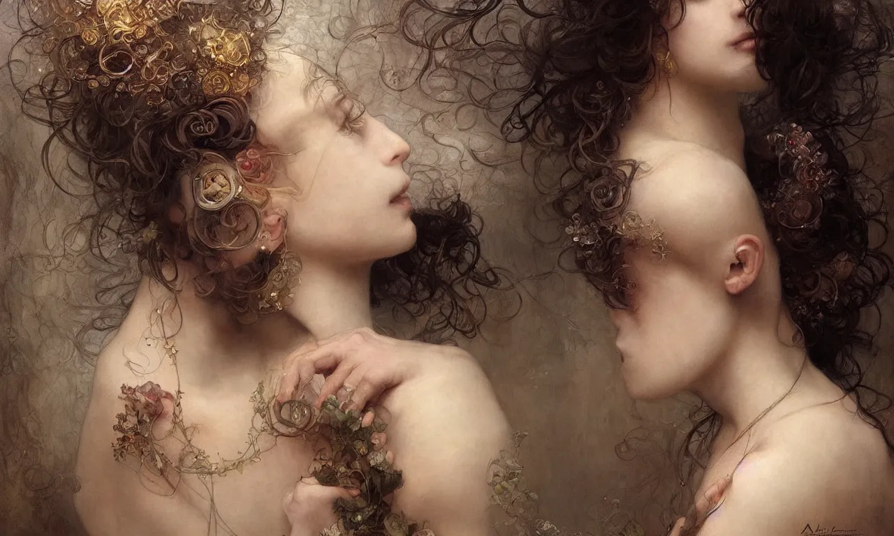 Prompt: breathtaking detailed soft painting of your head turns away, the new love, your head turns back, the novel love, rembrandt style, elegant, highly detailed, artstation, concept art, matte, sharp focus, art by alfons mucha and luis royo and tom bagshaw, and greg rutkowski