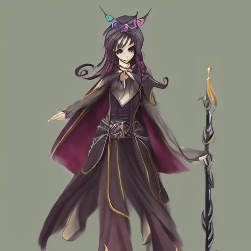 Prompt: Beautiful female anime character concept, fantasy wizard with long magic staff, trending on artstation