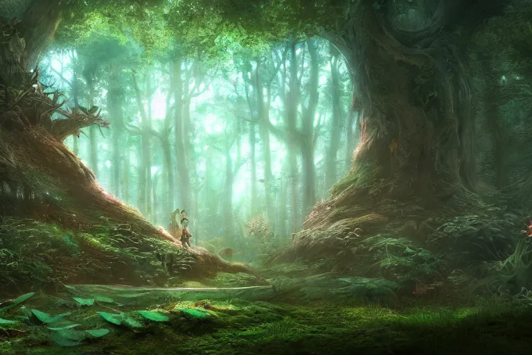Image similar to fairy kingdom forest, miyazaki, nausicaa, ambient lighting, intricate, hyper detailed, smooth, dynamic volumetric lighting, cinematic, high quality, high resolution, 4 k