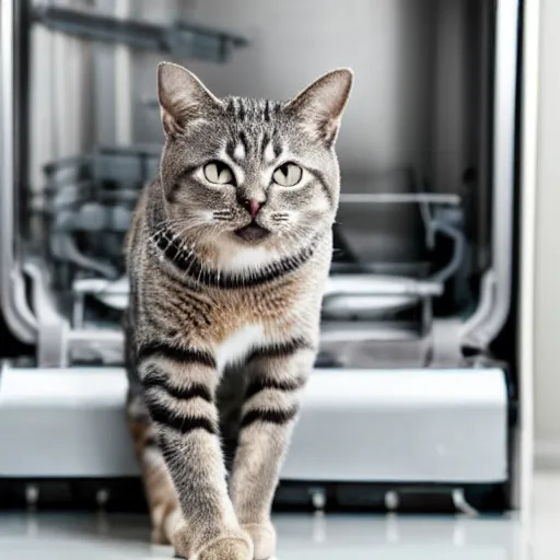 Image similar to cat behind dishwasher, higly detailed, great bokeh