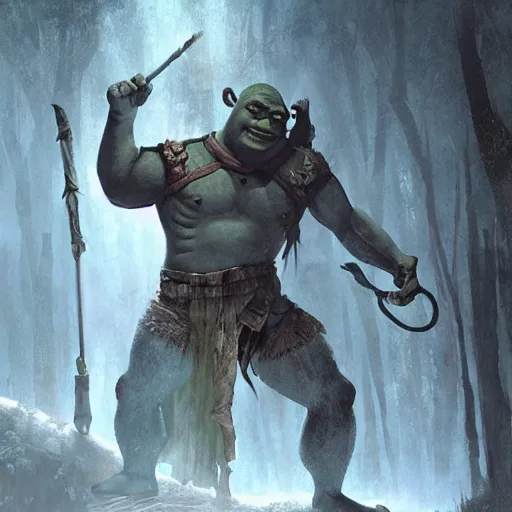 Prompt: shrek as an ancient mythological warrior deity, epic fantasy illustration, by greg rutkowski