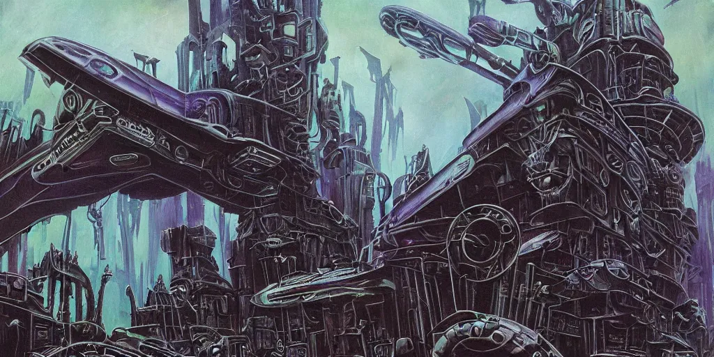 Image similar to an eldritch brutalist gothic airbrush painting of a voidpunk starship ready for battle, illustrated by hg wells, warhammer 4 0 k, lisa frank, josh kirby imperium of man juggernaut, sci - fi and cyberpunk, clean linework, obsidian hull, technological, artificial bejeweled and gilded