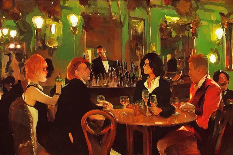 Image similar to glam rockers drinking wine, inside a green saloon with red lights by joaquin sorolla, greg rutkowski, bill sienckiwicz, extremely detailed