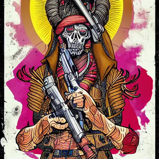 Prompt: taliban anarchy. symmetrical anatomy, very detailed design, complexity of the picture, with pop punk style, colorful, accompanied by body, pure image without duplication, dribble popular, drawn by vinicius gud and gustavo zambelli