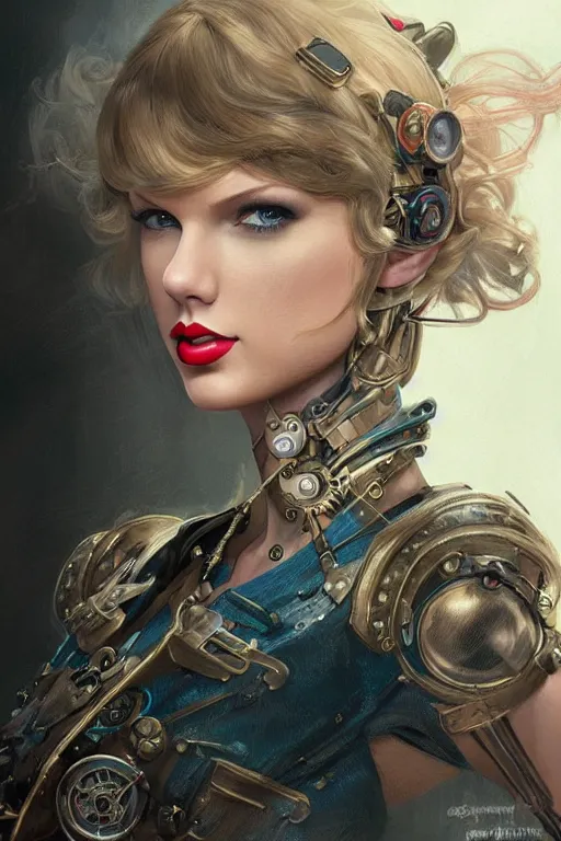 Image similar to taylor swift as a steampunk cyborg elf, portrait, western, steampunk, duster, fantasy, intricate, elegant, highly detailed, digital painting, artstation, concept art, sharp focus, illustration, art by artgerm and greg rutkowski and alphonse mucha