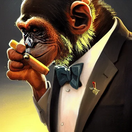 Image similar to a chimp wearing a suit smoking a cigar, dramatic lighting, cinematic, establishing shot, extremly high detail, photorealistic, cinematic lighting, artstation, style by James Gurney