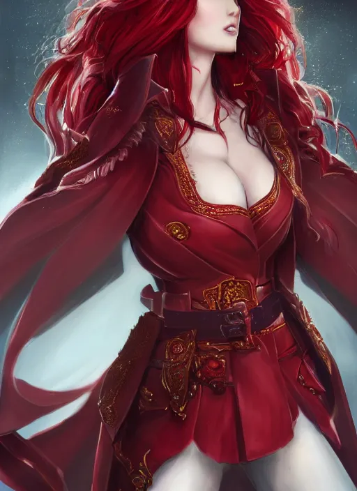 Image similar to a highly detailed illustration of meisa kuroki as a long dark red haired wearing wine red epaulette uniform and coat cape, dramatic smiling pose, perfect face, intricate, elegant, highly detailed, centered, digital painting, artstation, concept art, smooth, sharp focus, league of legends concept art, wlop