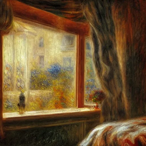 Image similar to on a rainy day, someone in home sits in bed, curled up under the covers, watching the rain outside the window, cinematic, artstation, extremely detailed, intricate, cinematic lighting, art by pierre - auguste renoir, arie johannes lamme