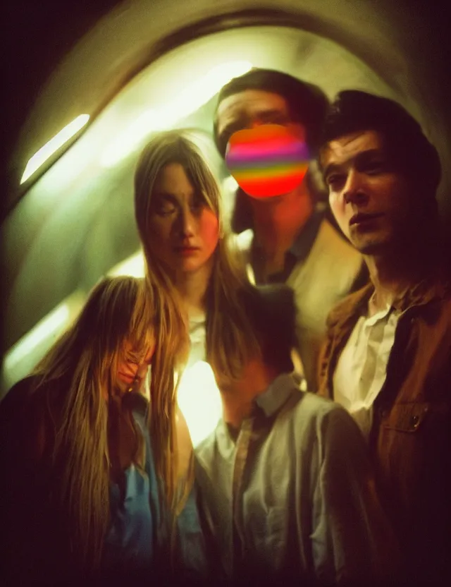 Prompt: wide angle, polaroid photograph with flash, in nyc subway couple of man and woman surrounded by aura light, cool colors, bleached, kodak film stock, hyper real, stunning moody cinematography, with anamorphic lenses, by maripol, detailed