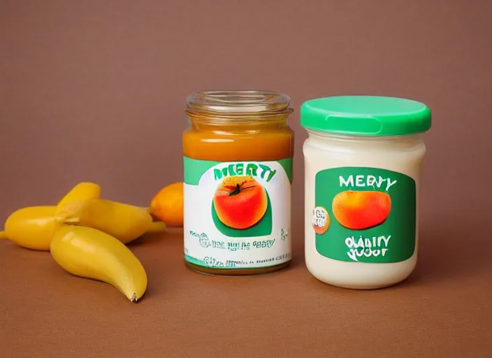 Prompt: a studio photograph of a jar of Mercy baby food with the slogan \'the quality of Mercy is not strained\'