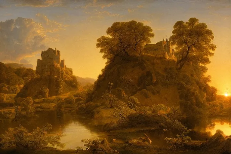 Prompt: floating castle over a lush valley at sunset, masterpiece by Caspar David Friederich, golden hour