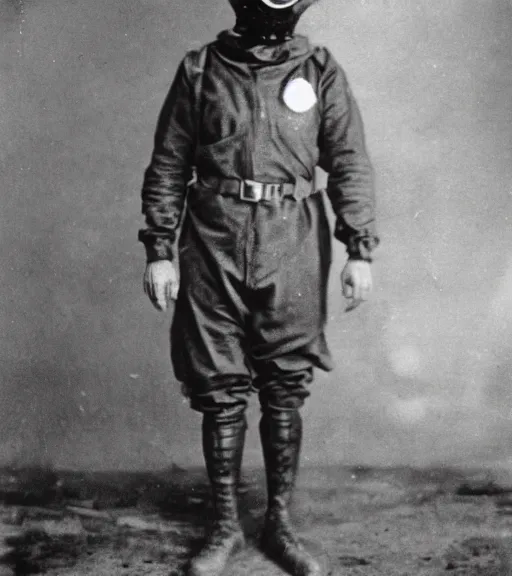 Image similar to full body shot of a man in a anti-radiation hazmat suit and gasmask, ww1 film photo, grainy, high detail, high resolution