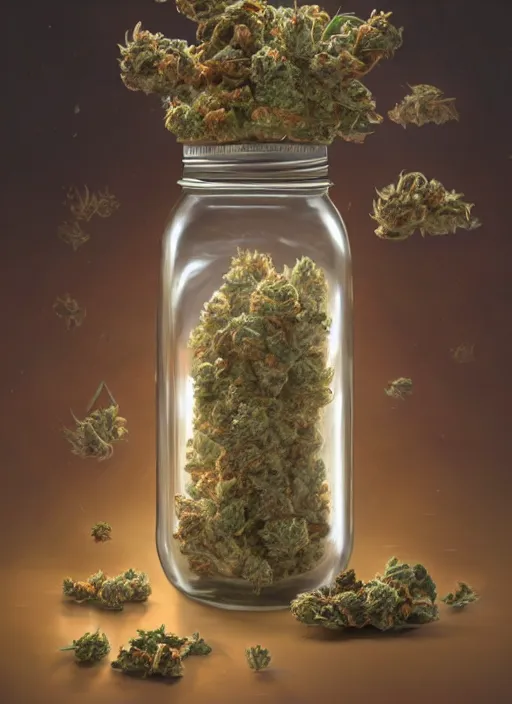 Prompt: detailed surreal digital painting of a mason jar full of cannabis buds, surreal mushrooms and large capsules by artstation, fanart behance hd by jesper ejsing, by rhads, makoto shinkai and lois van baarle, ilya kuvshinov, rossdraws, refer madness propaganda, global illumination, radiant light, detailed and intricate environment