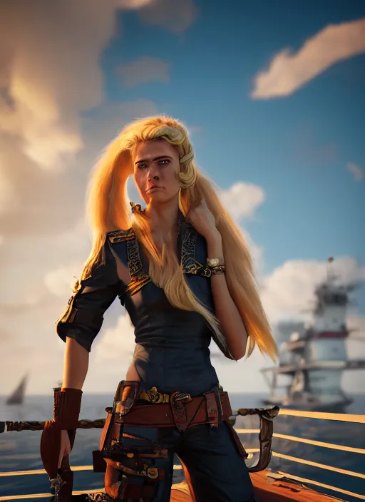 Image similar to An epic fantasy comic book style portrait painting of tall blonde haired female sky-pirate with a serious face and a pony tail in front of a metal gangplank, unreal 5, DAZ, hyperrealistic, octane render, cosplay, RPG portrait, dynamic lighting