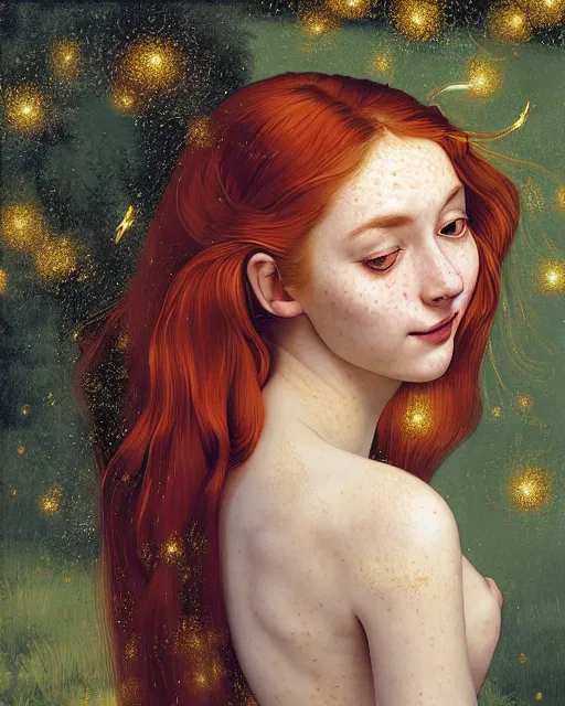 Image similar to a happy, modern looking young woman, among the lights of golden fireflies and nature, long loose red hair, intricate details, green eyes, small nose with freckles, oval smiling face, golden ratio, high contrast, hyper realistic digital art by artemisia lomi gentileschi and caravaggio and artgerm.