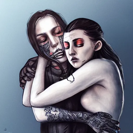 Image similar to Hot young woman, grey skin, void eyeballs, tattoos, wearing a leather jacket, hugging a shrouded man as they cry on her chest, comforting, touching, wholesome, digital art, concept art, trending on artstation, watercolour, big sister, little brother, realistic, 4k, 8k