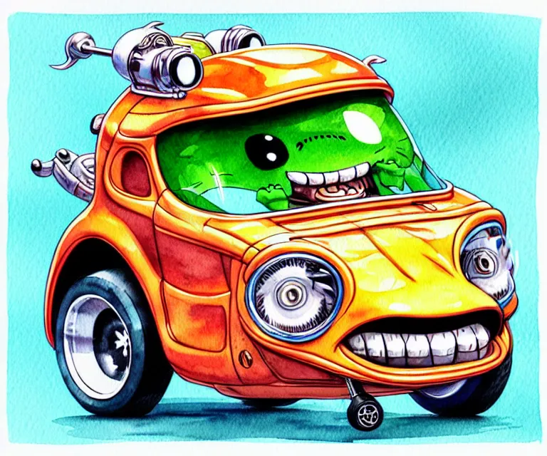 Prompt: cute and funny, margay wearing a helmet driving a tiny hot rod with an oversized engine, ratfink style by ed roth, centered award winning watercolor pen illustration, isometric illustration by chihiro iwasaki, edited by craola, tiny details by artgerm and watercolor girl, symmetrically isometrically centered