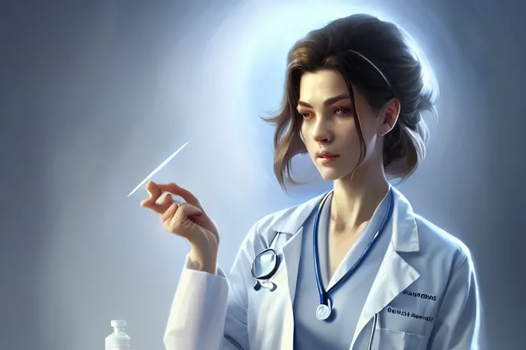 Image similar to a elegant and beautiful female doctor in a white coat in a clinic, cinematic, highly detailed, digital painting, artstation, concept art, matte, sharp focus, illustration, art by artgerm and greg rutkowski