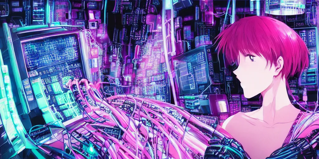 Image similar to “Wide low angle portrait of beautiful woman in silk poncho, backgrouns - big and structured control base with sci-fi futuristic monitor computers strong green glow. Blue and pink colors Mainframe full of cables on the background. Manga BLAME! by Tsutomu Nihei, 2002 year”