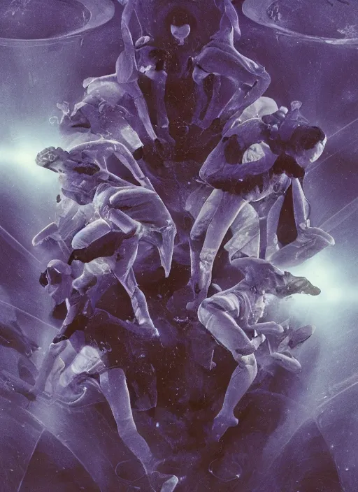 Image similar to astronauts in dark and empty void underwater - complex and dynamic composition. reflection and dispersion materials. rays and dispersion of light. volumetric light. 5 0 mm, f / 3 2. noise film photo. flash photography. ultra realistic, motion blur poster by wayne barlowe, hajime sorayama aaron horkey, craig mullins. dark key.