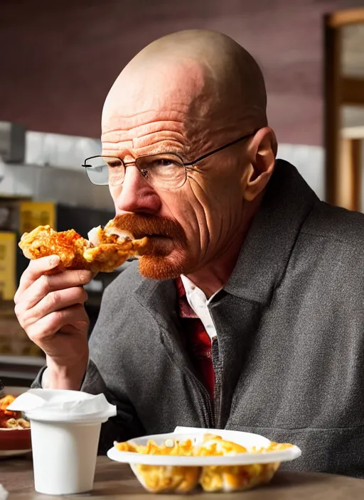 Prompt: portrait of walter white eating chicken sitting down in a fast food restaurant, 4K HD