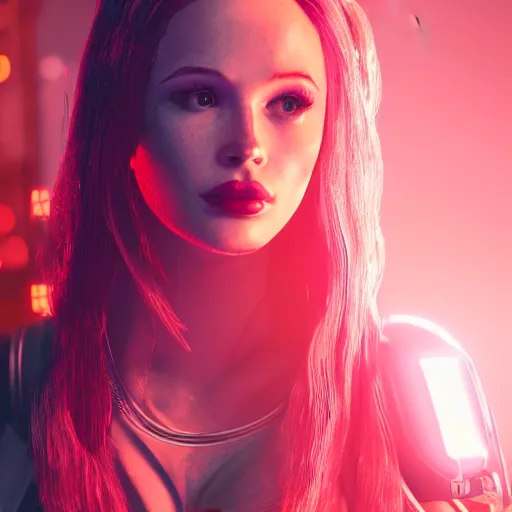 Prompt: madelaine petsch portrait, cyberpunk 2 0 7 7, cyberpunk judy alvarez, photorealistic, ultra detailed, neon, octane, bokeh, cinematic lighting, cyber, cyberpunk city, studio quality, feature, scars, cyberface, 8 k