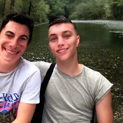 Image similar to a queer human named river sitting next to their friend who is also named river by a river