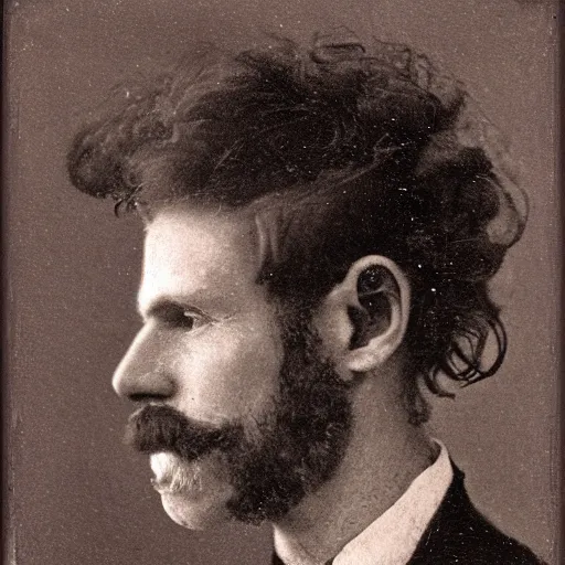 Image similar to A photograph portrait of Jerma985 with crazy hair and a pyramidal mustache in the late 1800s, taken in the late 1800s, 1870s, grainy, taken on a Field View Camera, realistic, hyperrealistic, very realistic, highly detailed, very detailed, extremely detailed, detailed, digital art, trending on artstation