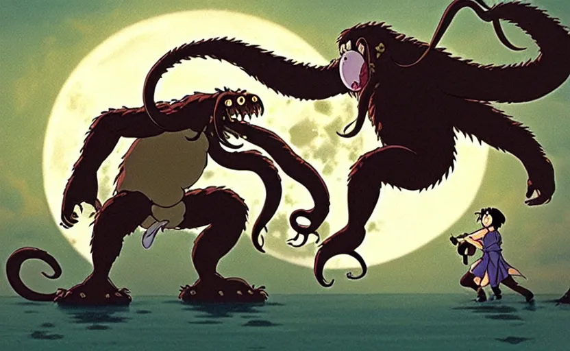 Image similar to a still from a studio ghibli movie of a cartoon cthulhu fighting king kong from princess mononoke ( 1 9 9 7 ), in front of a pale full moon, full body, wide shot, very dull muted colors, studio ghibli, highly detailed, deviantart, art by artgem