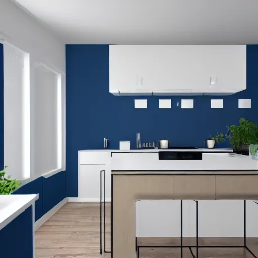 Image similar to interior of a modern minimal kitchen, blue color scheme, photorealist, 4 k