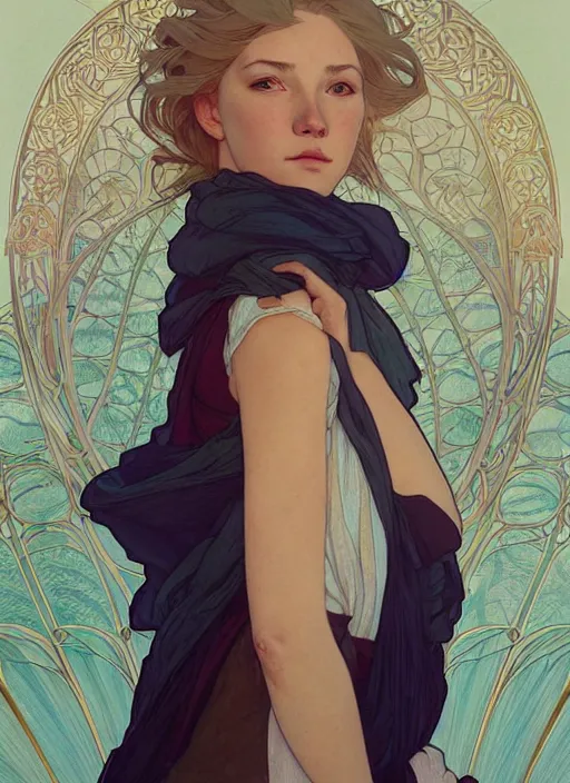 Image similar to pretty young man with shoulder length blond hair, half body shot, path traced, highly detailed, high quality, digital painting, by studio ghibli and alphonse mucha, leesha hannigan, hidari, disney, jules bastien - lepage, art nouveau, martine johanna, android jones, andreas rocha, conrad roset