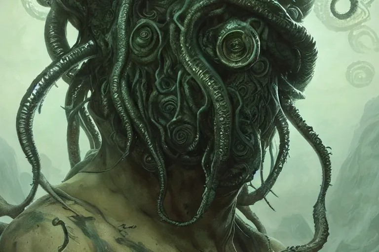 Image similar to a lovecraftian portrait face of cthulhu, cosmic horror elements, ultra realistic, concept art, intricate details, eerie, highly detailed, photorealistic, octane render, 8 k, unreal engine. art by artgerm and greg rutkowski and alphonse mucha